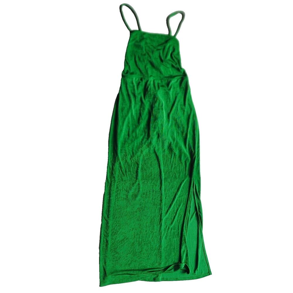 Wild Fable Y2K Vtg Emerald Satin Lace Up Back Midi Dress Side Slit Women's Large - Picture 10 of 15